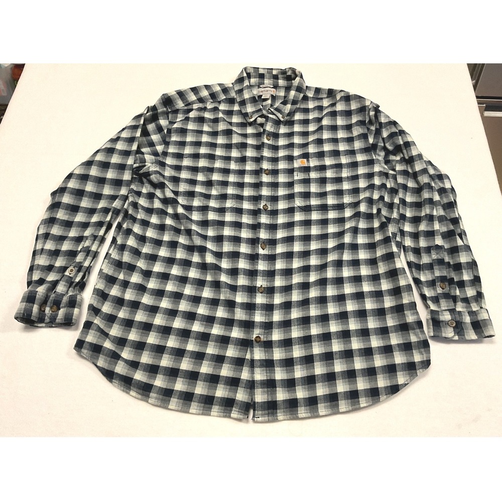 Carhartt Mens 2XL Rugged Flex Plaid Button Down Shirt Navy White 103314 412